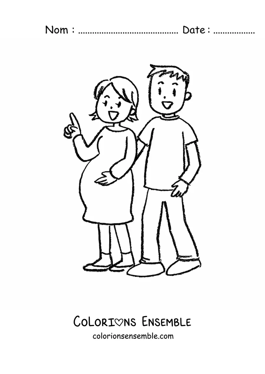 Image à colorier d'un couple marié dont la femme est enceinte