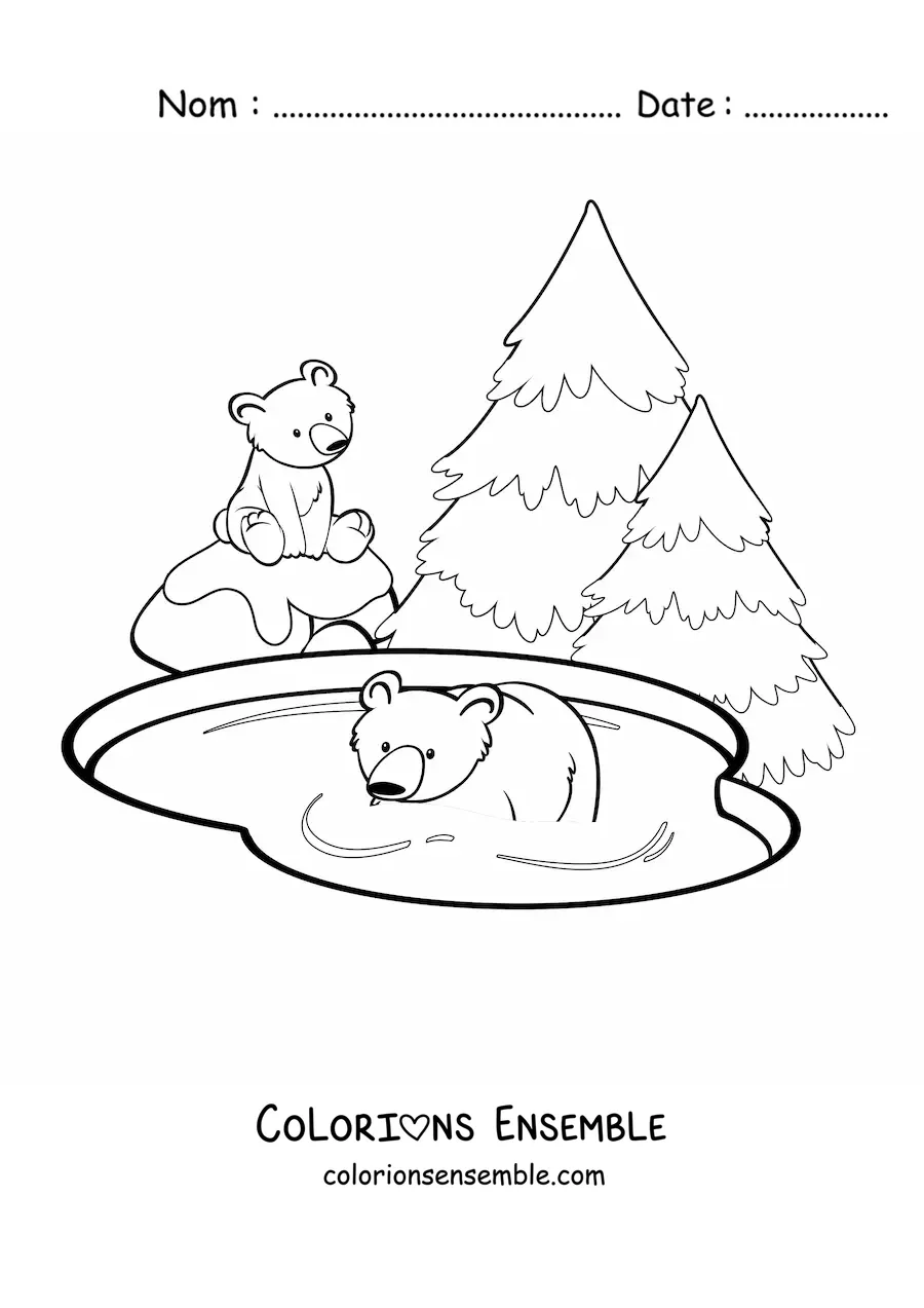 Image à colorier d'un couple d'ours polaires dans un lac à côté de quelques sapins