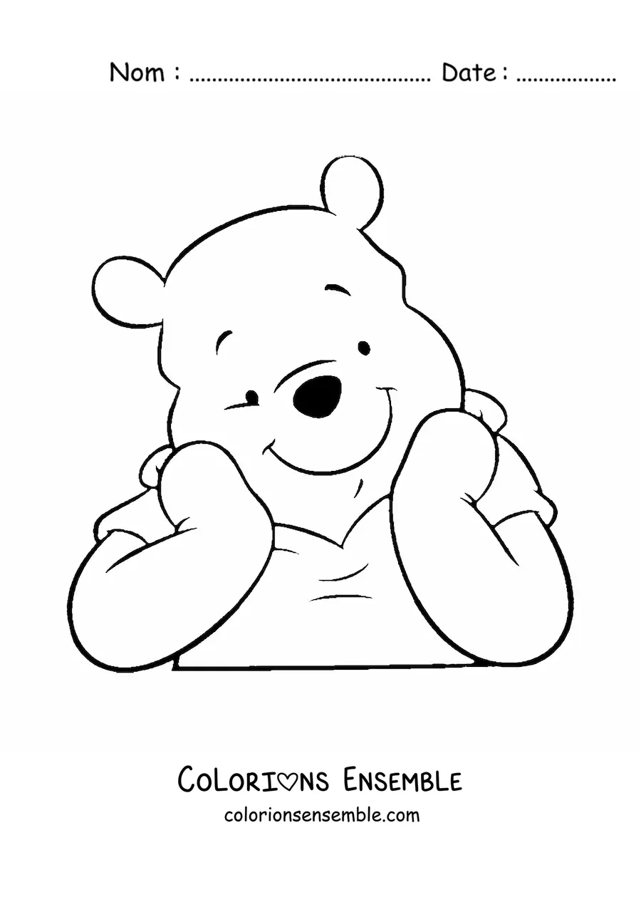 Image à colorier du visage de Winnie l'ourson, souriant, le menton posé sur ses mains