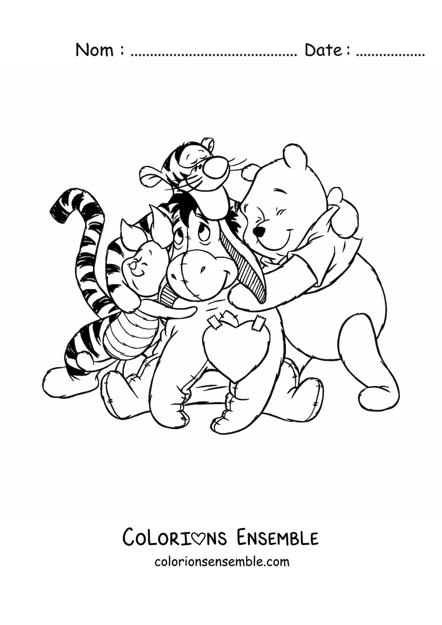 Image à colorier de Winnie l'ourson serrant ses amis dans ses bras
