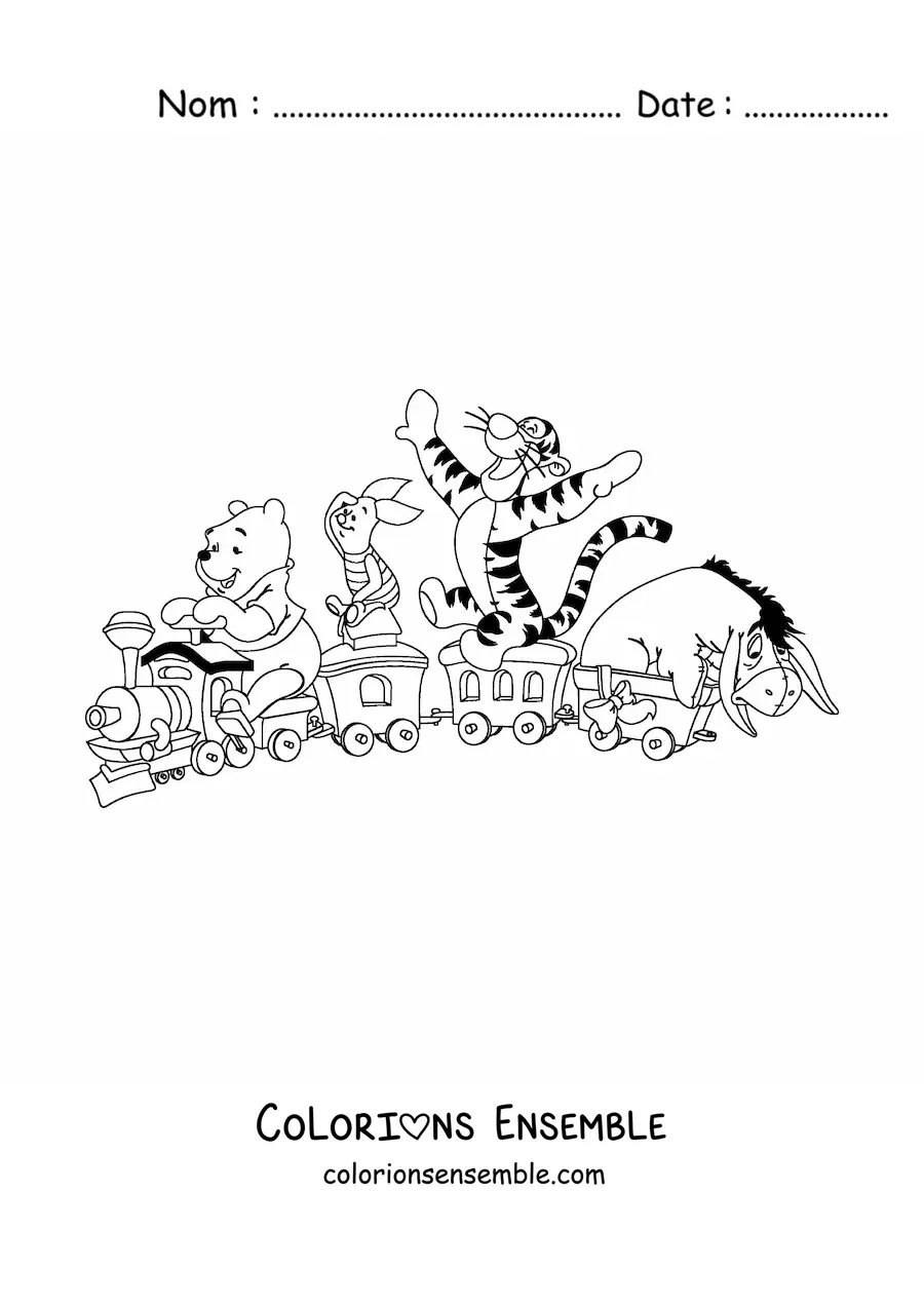 Image à colorier de Winnie l'ourson et ses amis qui jouent dans un petit train