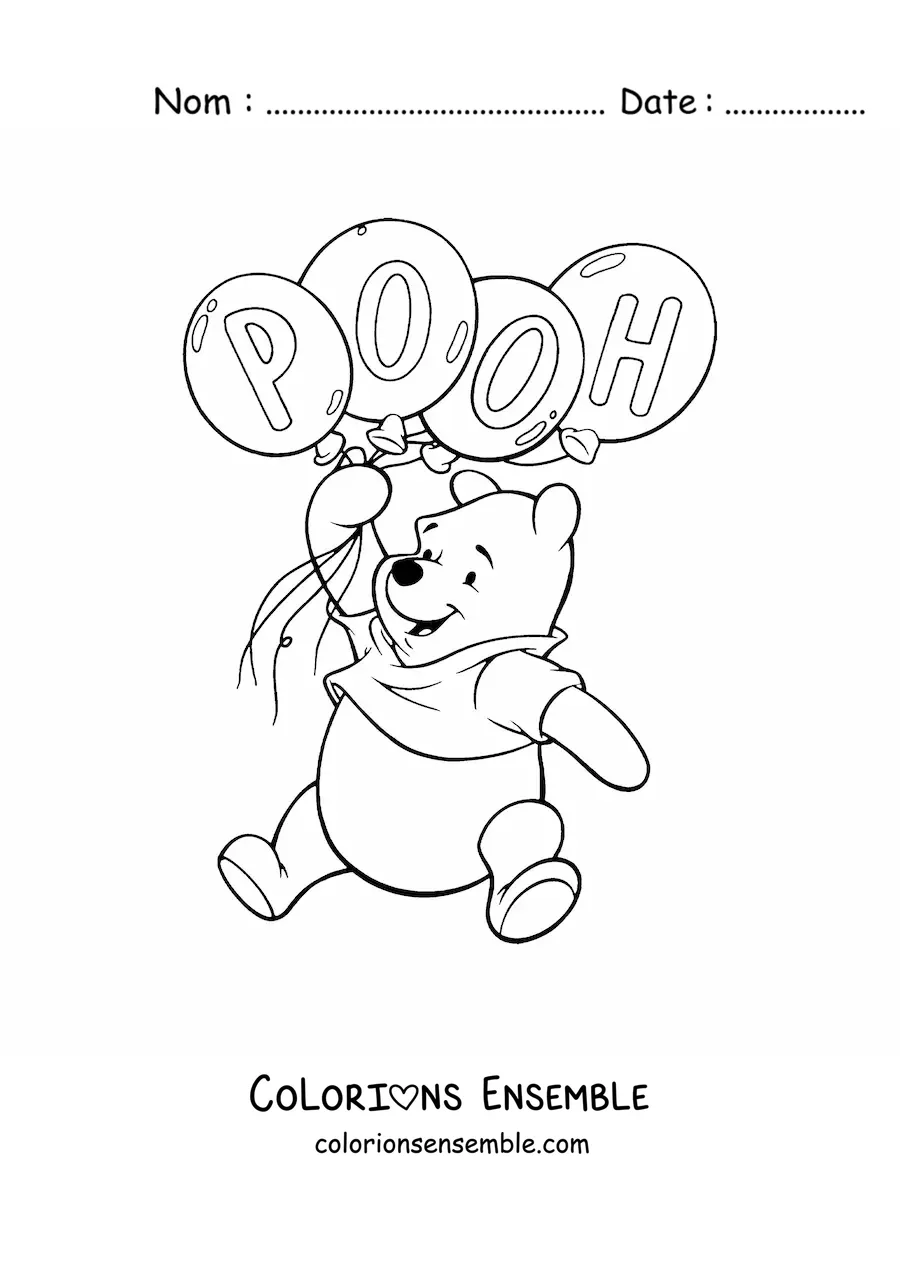 Image à colorier de Winnie l'ourson qui flotte en tenant des ballons portant son nom