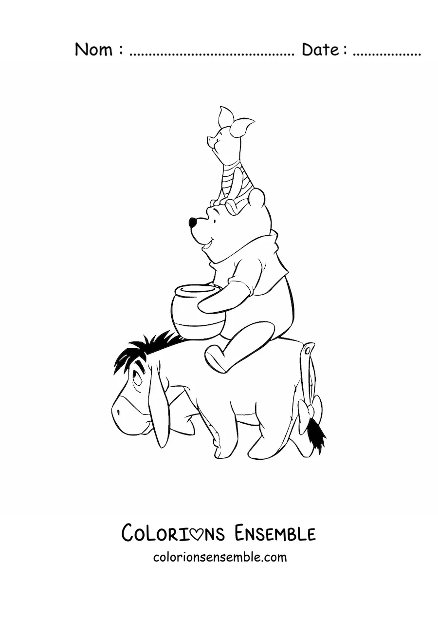 Image à colorier de Winnie l'ourson assis sur Bourriquet, avec Porcinet posé sur sa tête