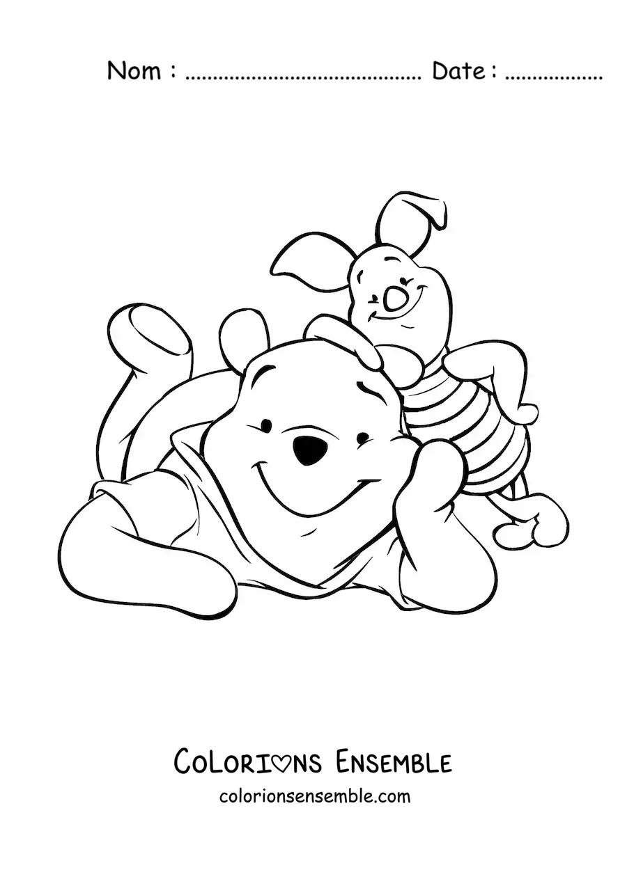 Image à colorier de Winnie l'ourson tout souriant à côté de Porcinet