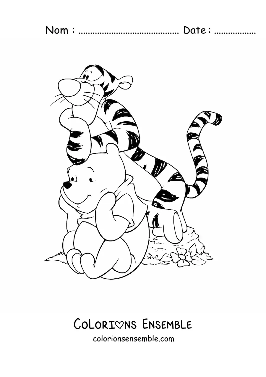 Coloriage de Tigrou appuyé sur la tête de Winnie l'ourson assis