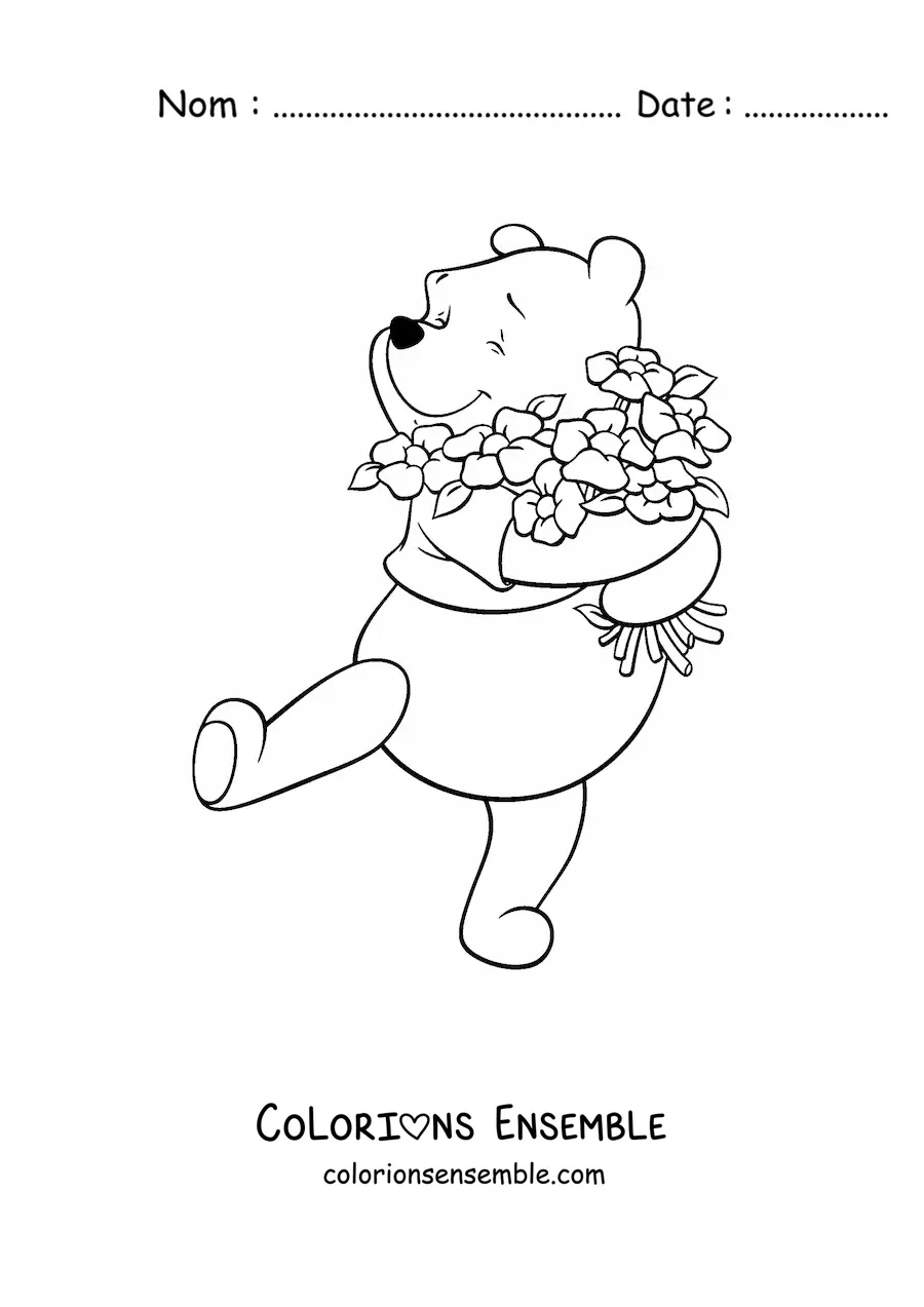 Image à colorier de Winnie l'ourson tout heureux serrant des fleurs dans ses bras