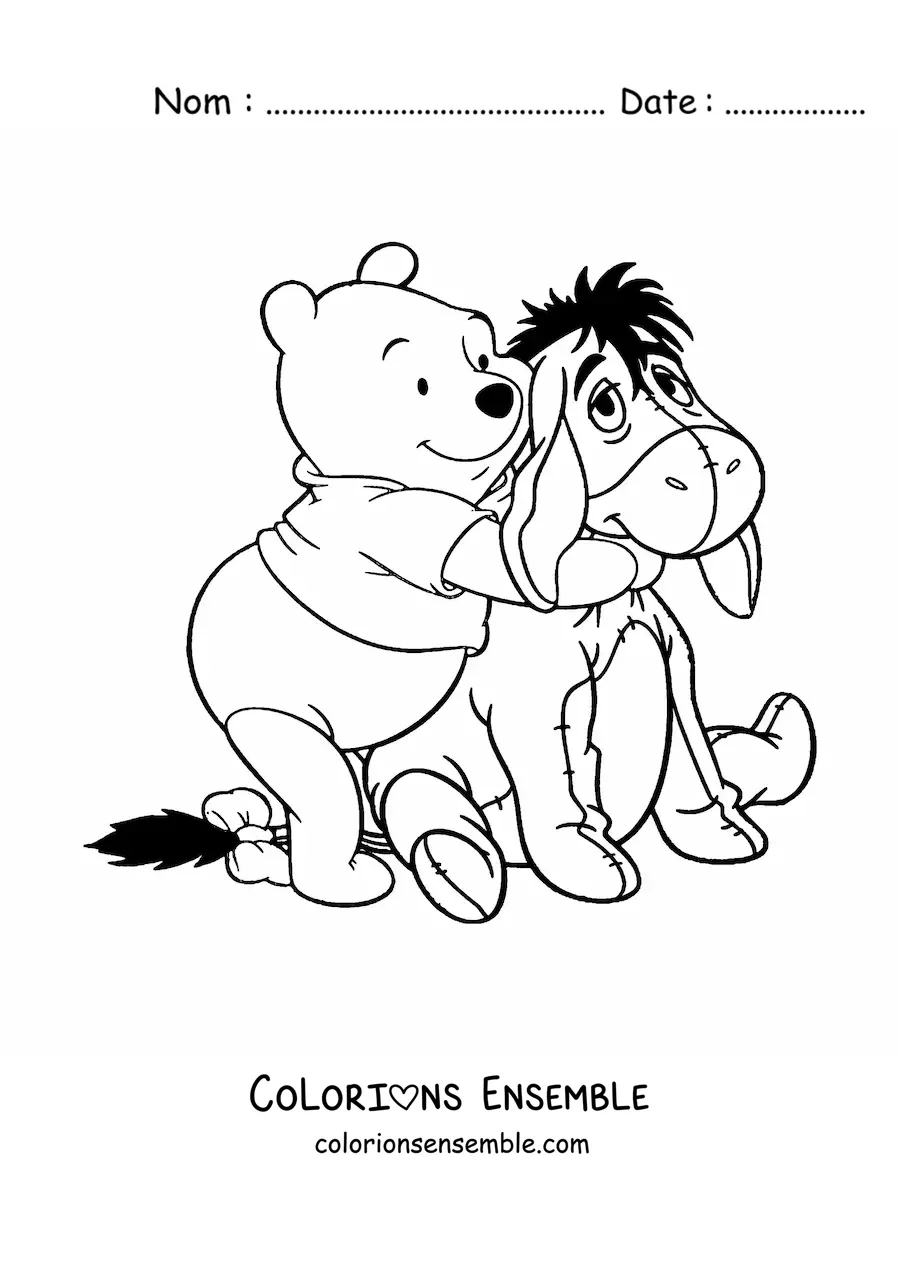 Image à colorier de Winnie l'ourson serrant Bourriquet dans ses bras