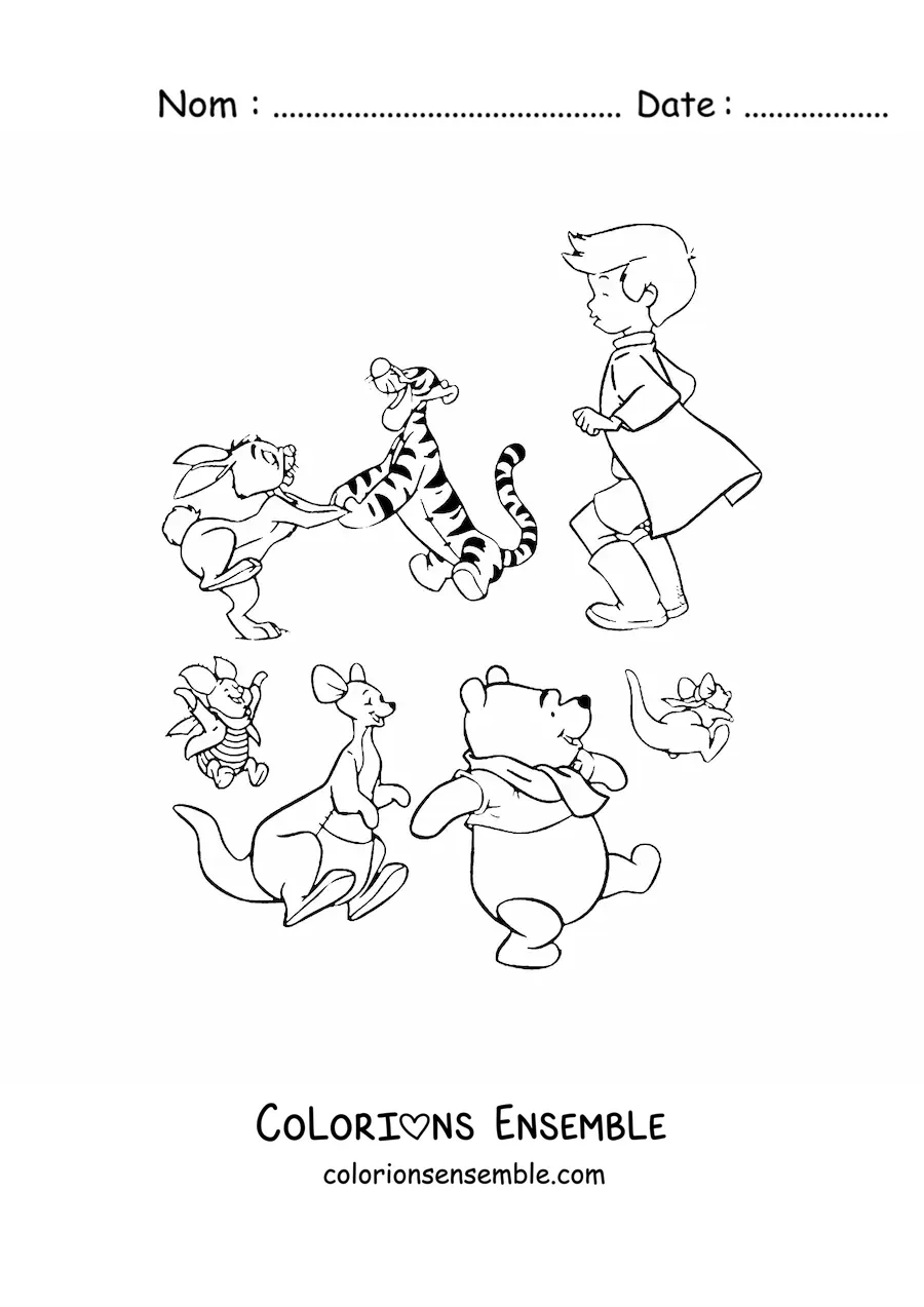 Image à colorier des amis de Winnie l'ourson qui jouent ensemble