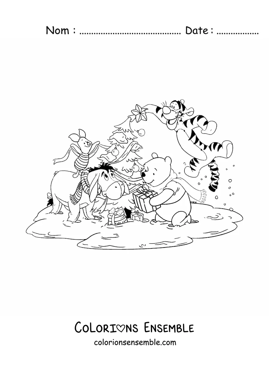 Image à colorier de Winnie l’ourson et ses amis décorant un sapin de Noël