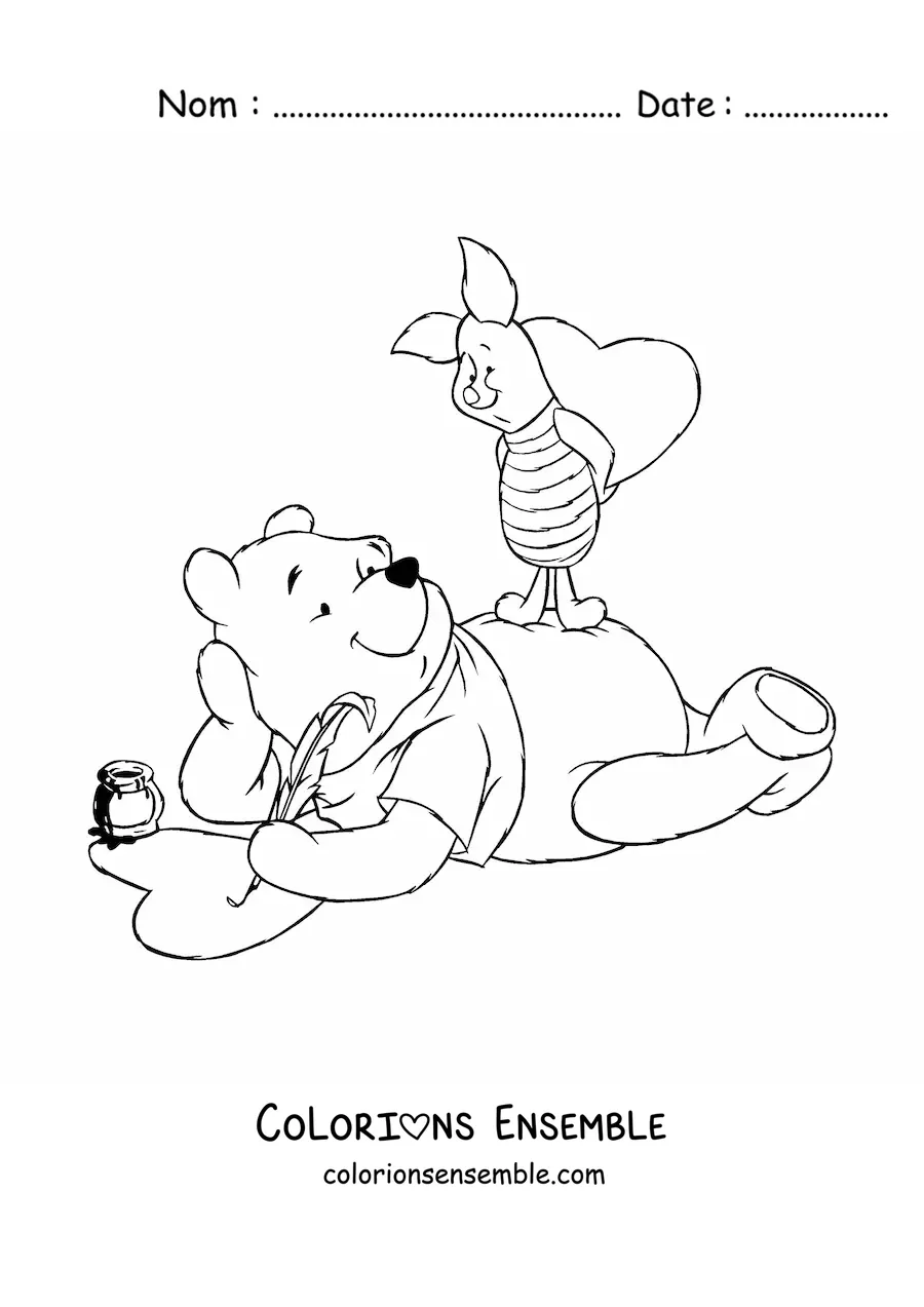 Image à colorier de Winnie l’ourson et Porcinet dessinant des cœurs