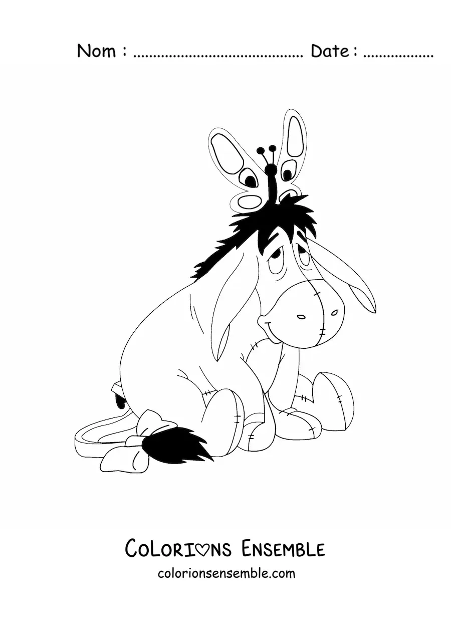 Image à colorier de Bourriquet assis avec un papillon posé sur sa tête