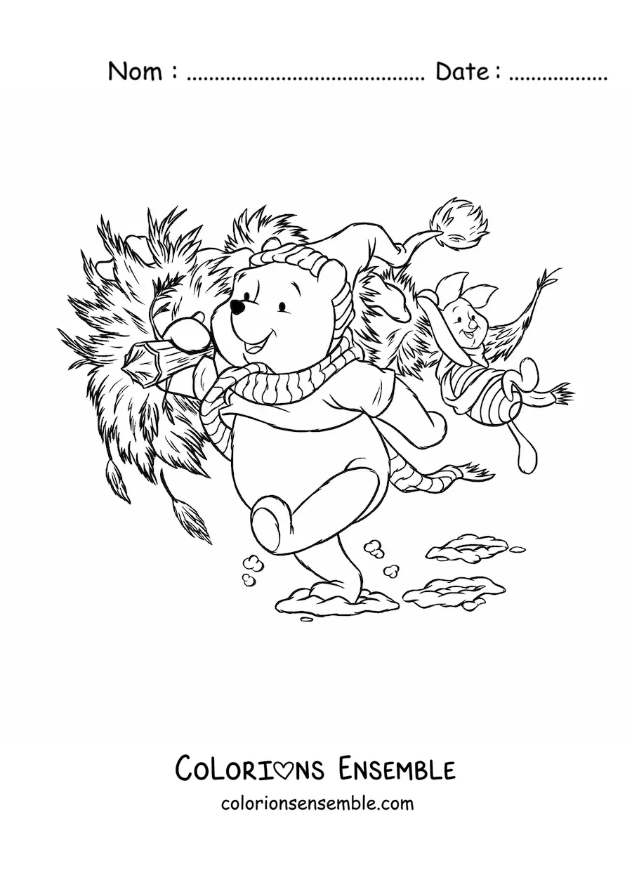 Image à colorier de Porcinet et Winnie l’ourson portant un sapin de Noël