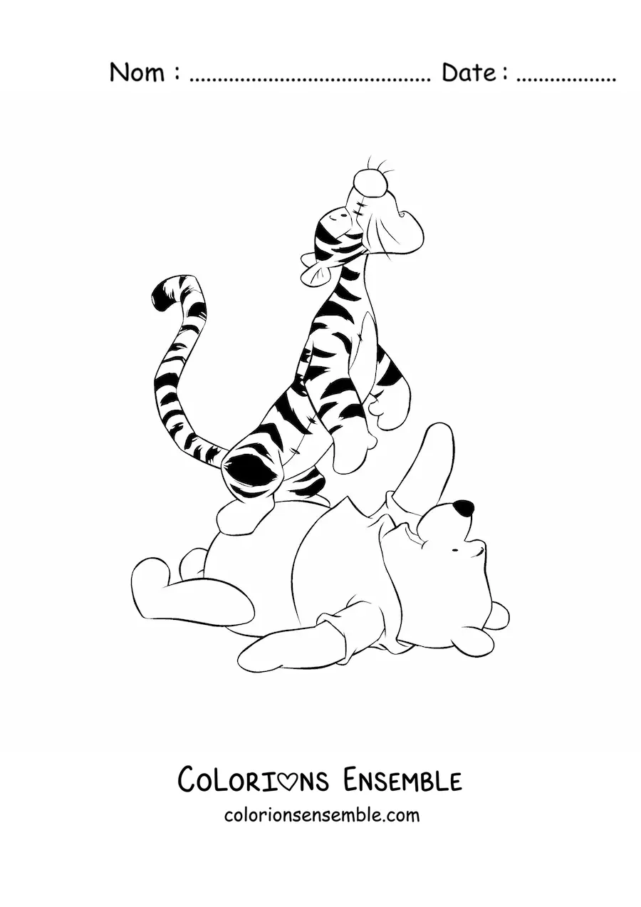 Coloriage de Tigrou qui pousse un cri, assis sur le ventre de Winnie l'ourson allongé