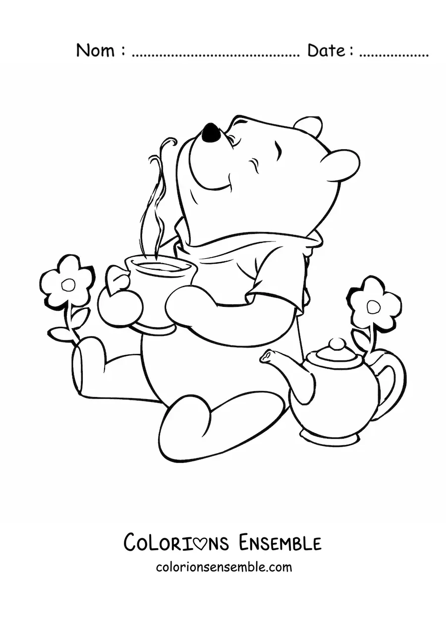 Image à colorier de Winnie l’ourson prenant le thé à côté de quelques fleurs