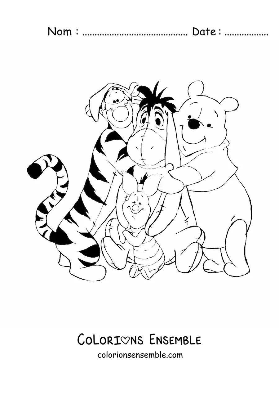 Image à colorier des amis de Winnie l’ourson se faisant un câlin tous ensemble