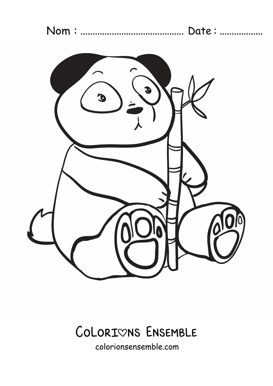 Image à colorier d'un panda kawaii assis qui tient une branche de bambou