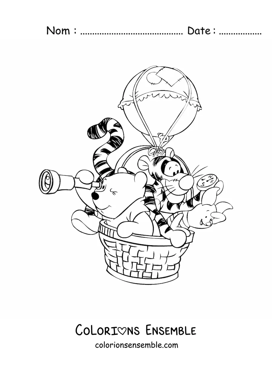 Coloriage de Winnie l'ourson, Tigrou et Porcinet voyageant en montgolfière avec un télescope et une boussole