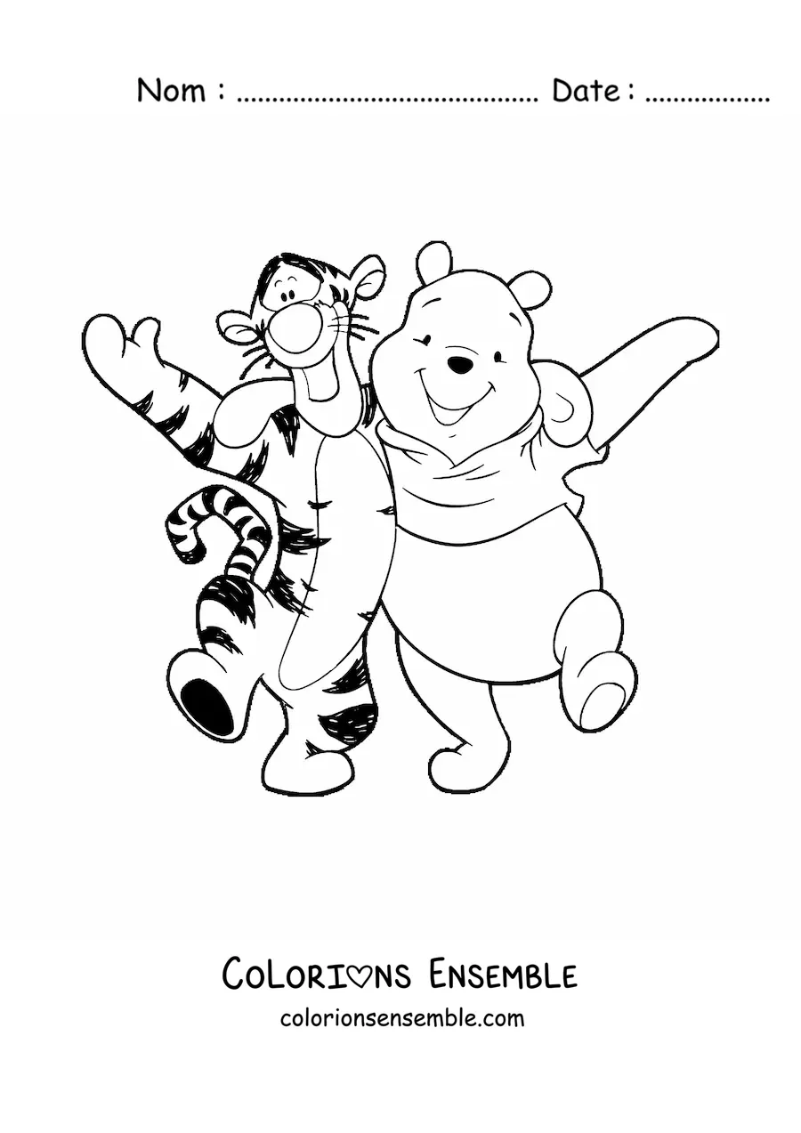 Coloriage de Winnie l'ourson et Tigrou qui marchent enlacés, tout heureux