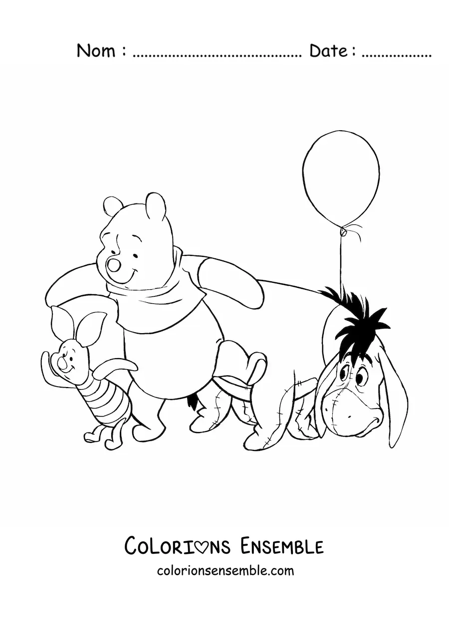 Image à colorier de Winnie l’ourson avec Bourriquet et Porcinet