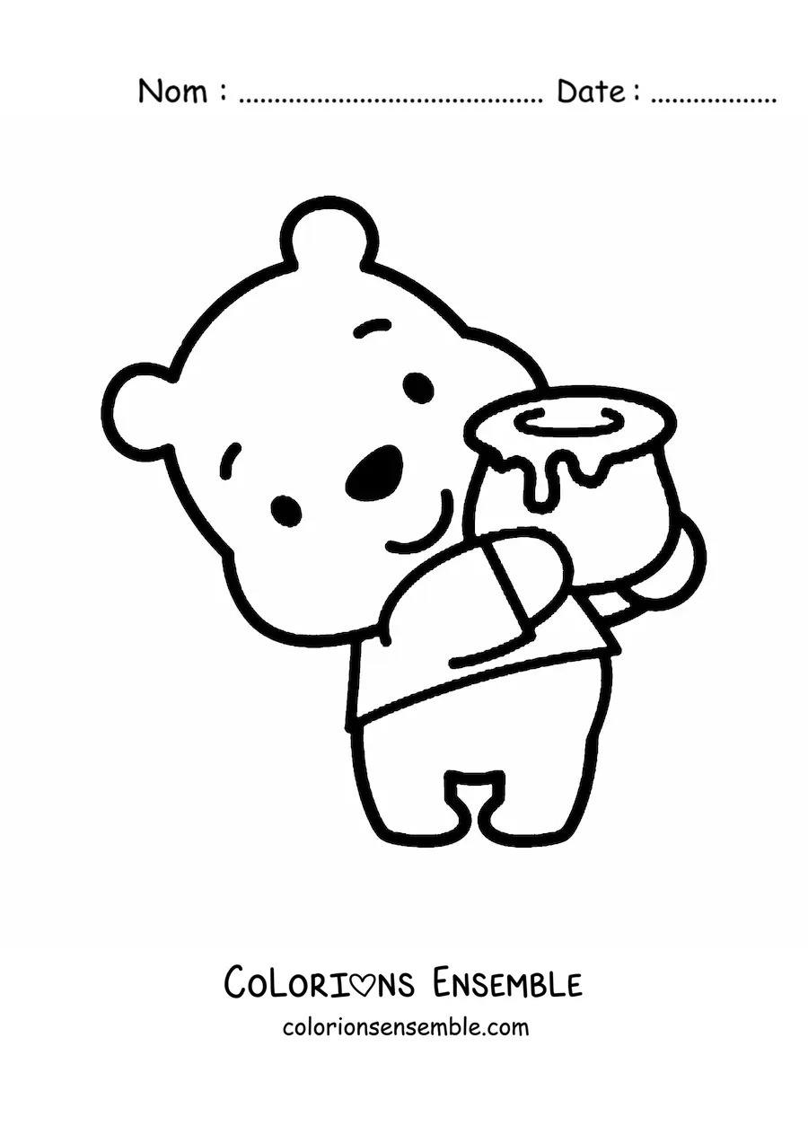 Image à colorier de Winnie l’ourson kawaii tenant un pot de miel