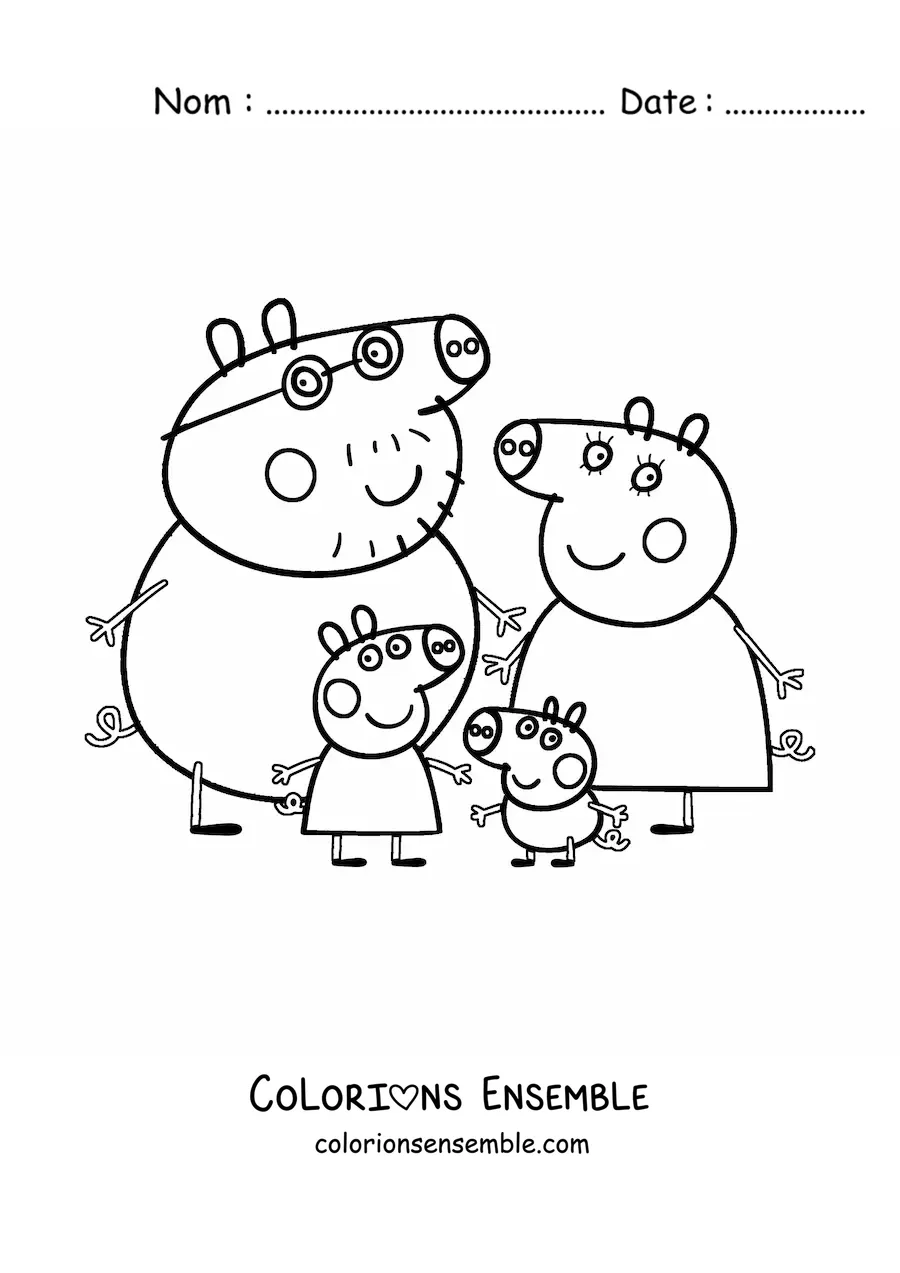 Image à colorier de Peppa avec ses parents et son petit frère
