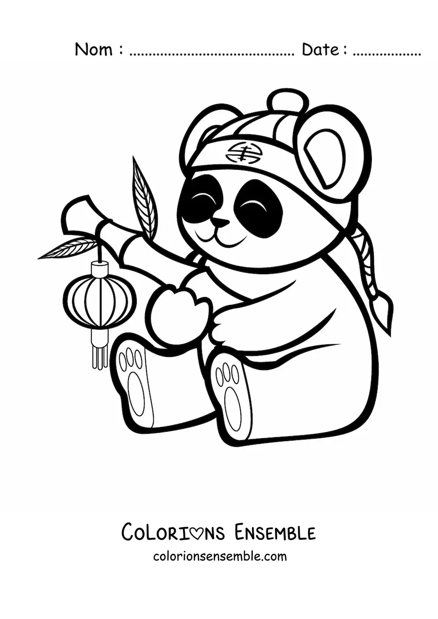 Image à colorier d'un panda kawaii assis avec un bandana sur la tête et un bambou