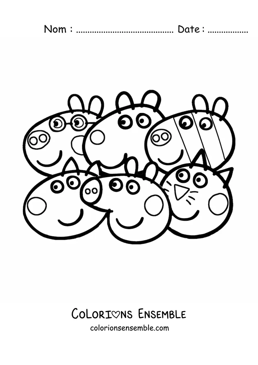 Image à colorier des visages des amis de Peppa