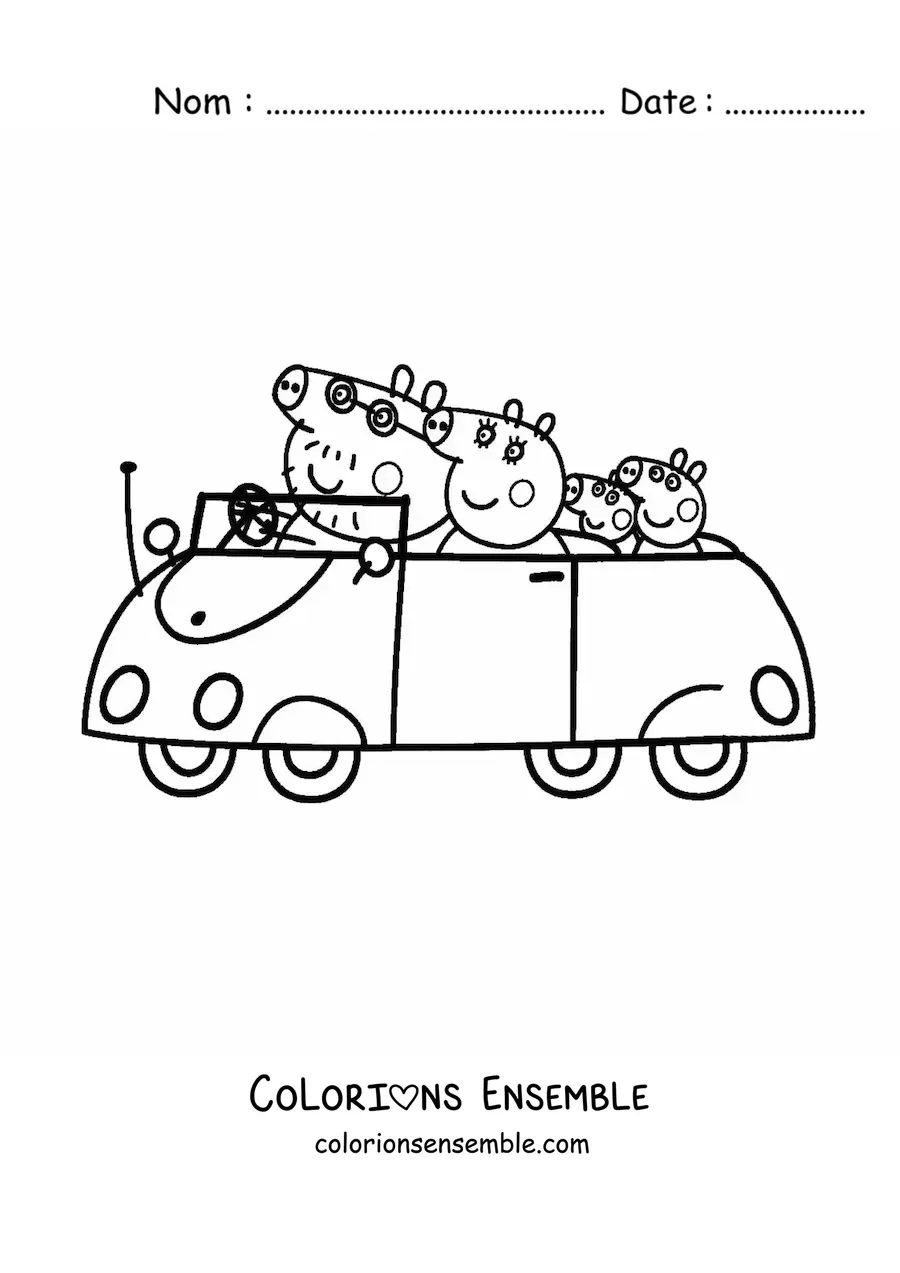 Image à colorier de Peppa et sa famille en balade en voiture