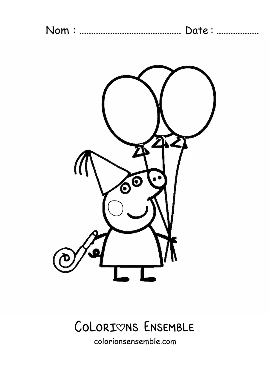 Image à colorier de Peppa portant un chapeau de fête et tenant plusieurs ballons