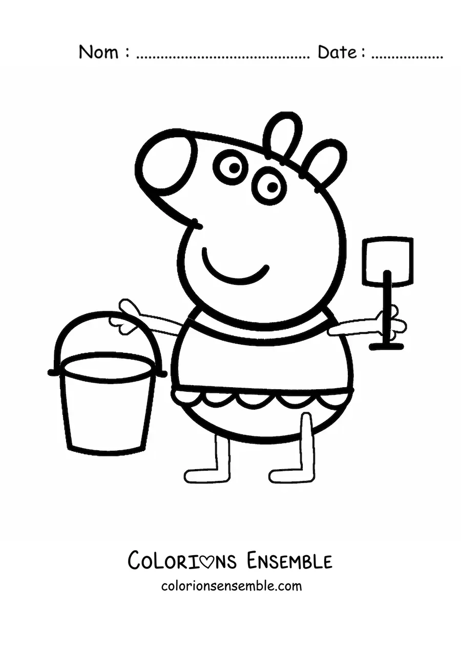 Image à colorier de Peppa en maillot de bain tenant un seau et une pelle pour le sable