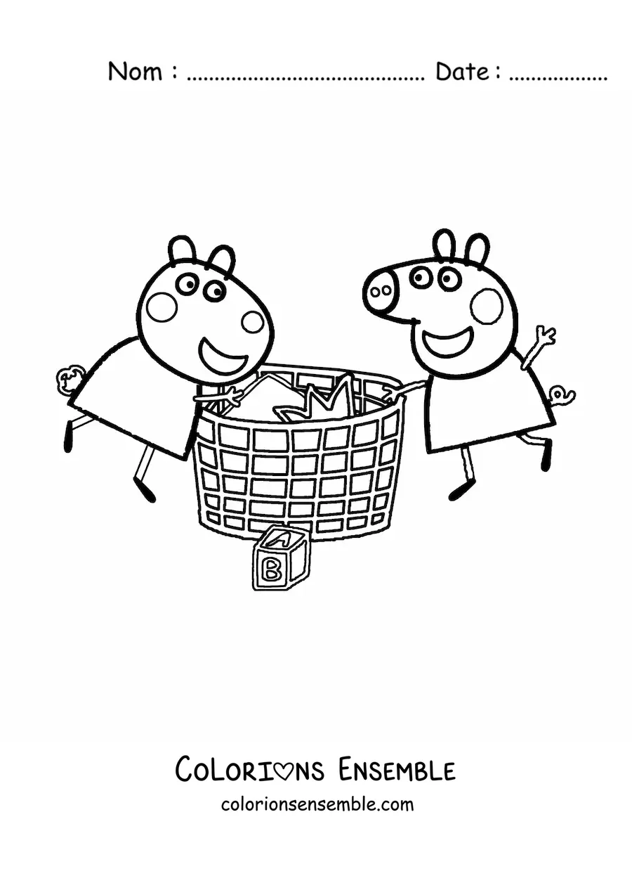 Image à colorier de Peppa et Suzy fouillant dans un grand panier