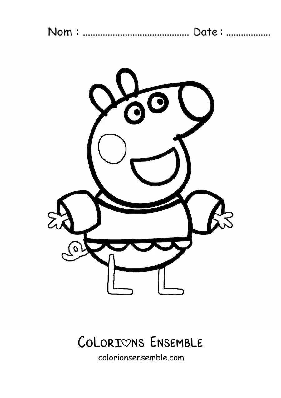Image à colorier de Peppa heureuse en maillot de bain avec des bouées