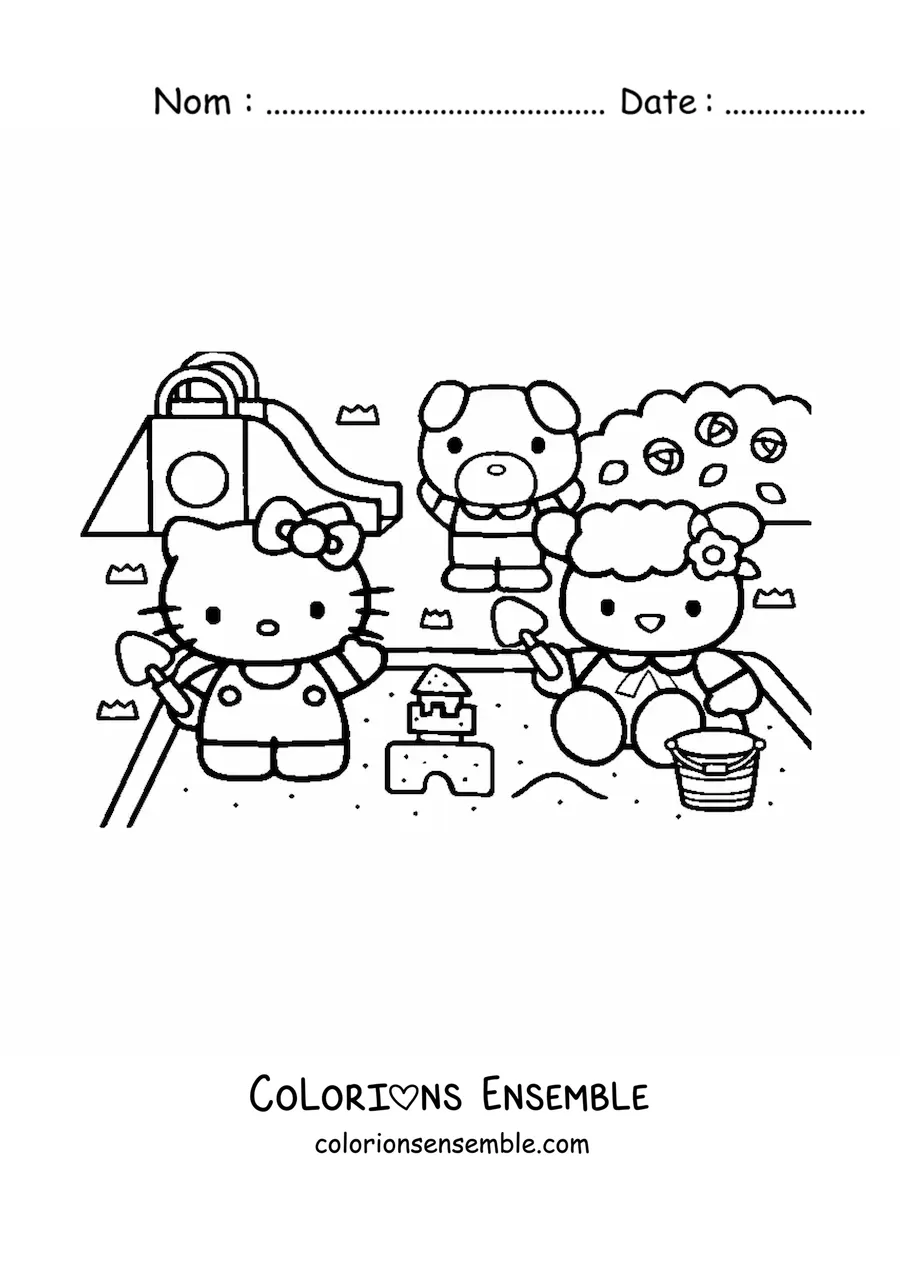 Image à colorier de Hello Kitty jouant avec ses amis dans le bac à sable du parc