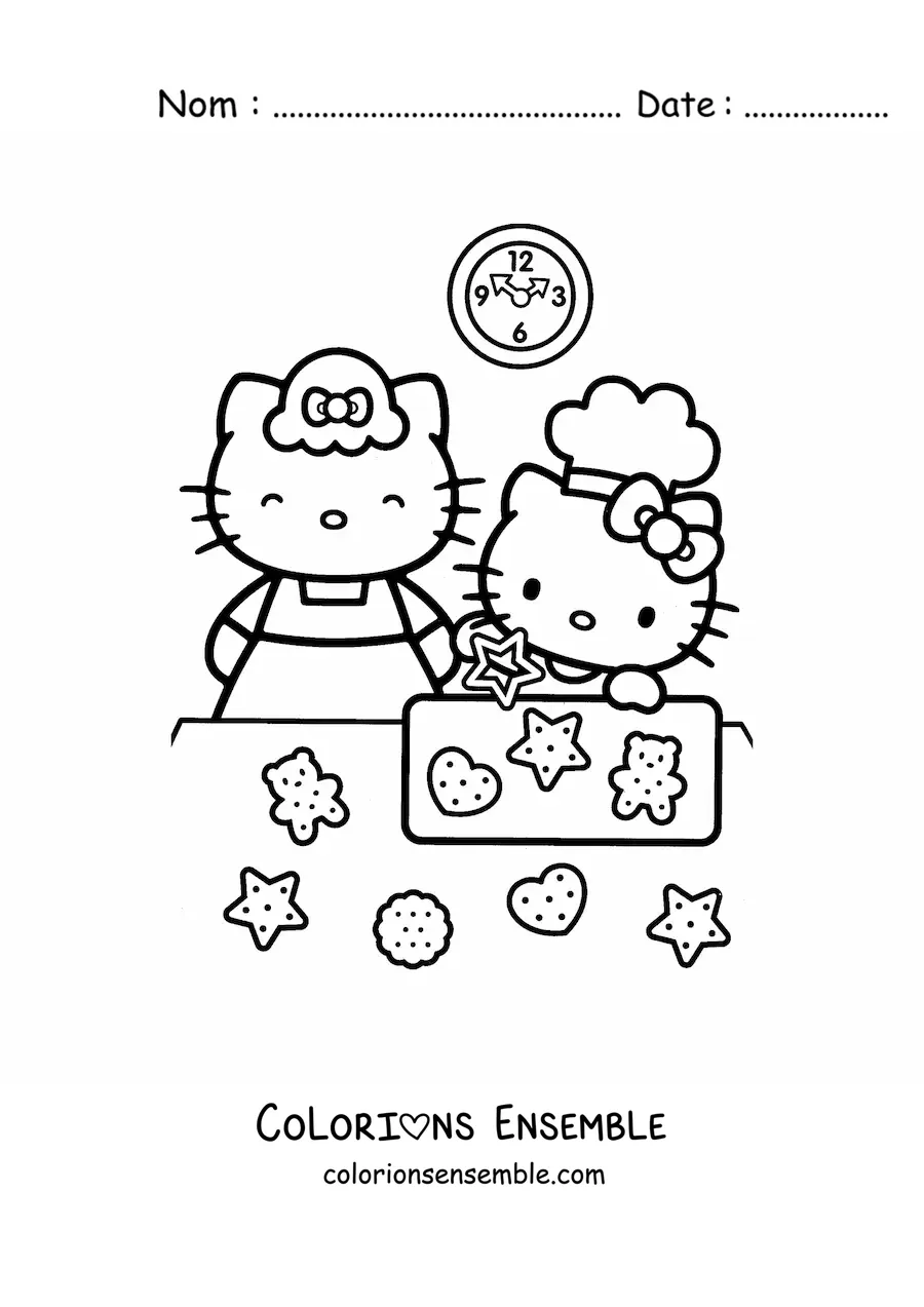 Image à colorier de Hello Kitty faisant cuire des biscuits avec sa maman