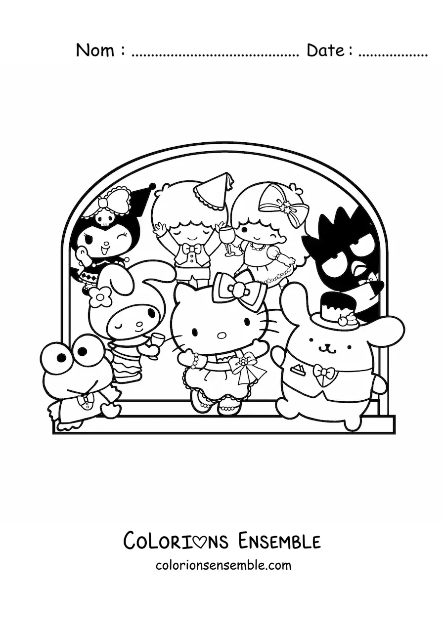 Image à colorier de Hello Kitty avec plusieurs personnages amis de Sanrio