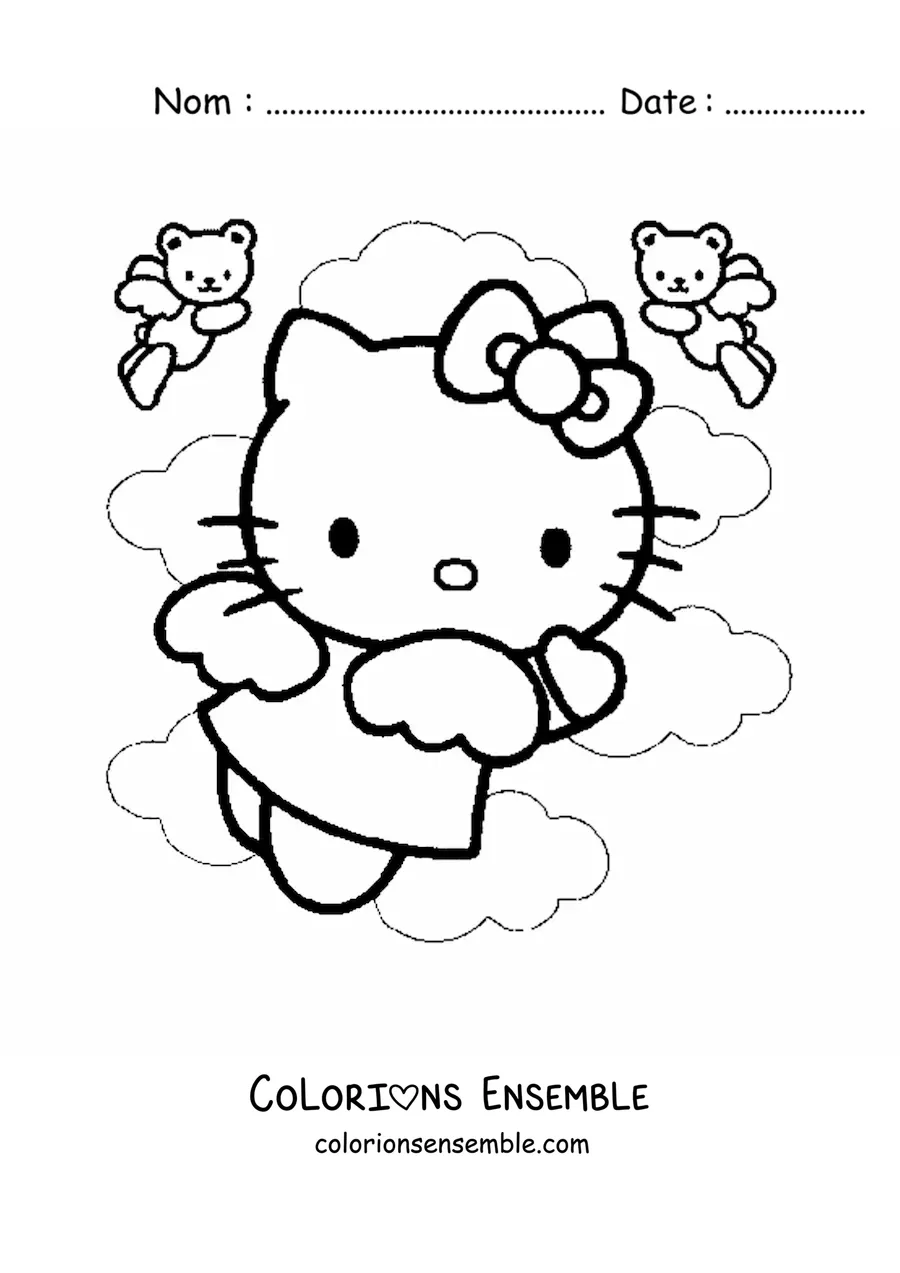 Image à colorier de Hello Kitty déguisée en ange parmi les nuages, avec deux petits ours anges