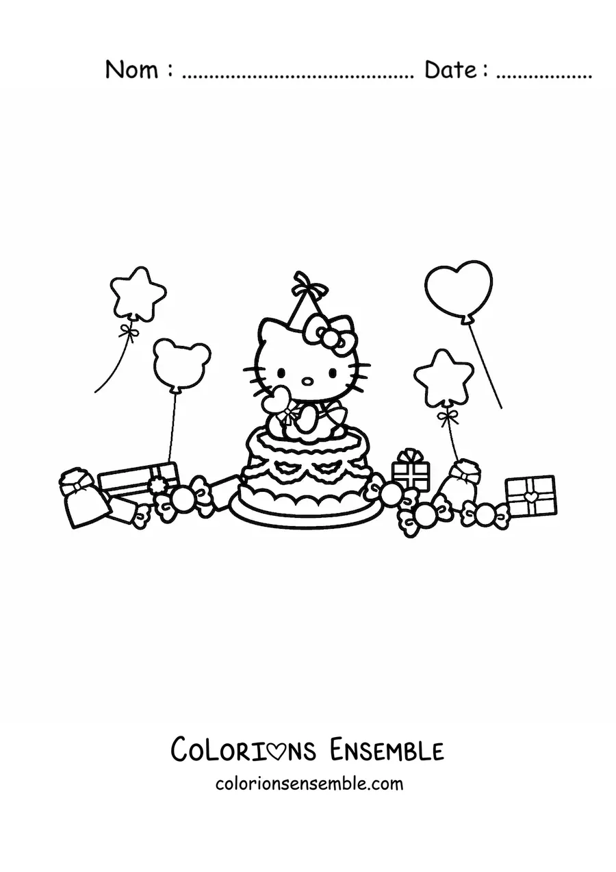 Image à colorier de Hello Kitty sur un gâteau d’anniversaire, entourée de ballons et de cadeaux