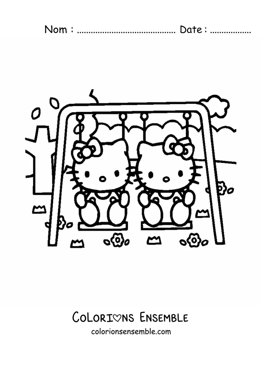 Image à colorier de Hello Kitty assise avec sa sœur sur une balançoire