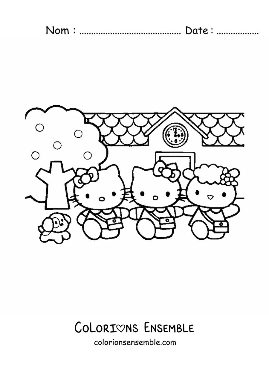 Image à colorier de Hello Kitty avec ses amis devant le bâtiment de l’école