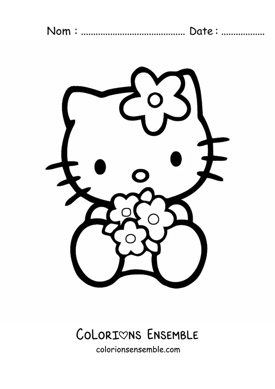Image à colorier de Hello Kitty assise tenant un bouquet de fleurs