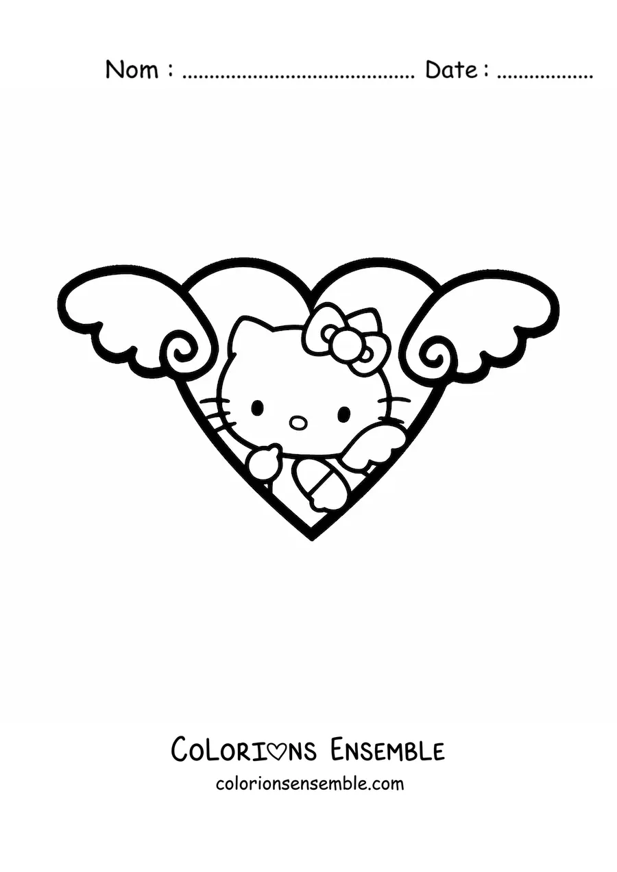 Image à colorier de Hello Kitty déguisée en ange à l’intérieur d’un cœur ailé