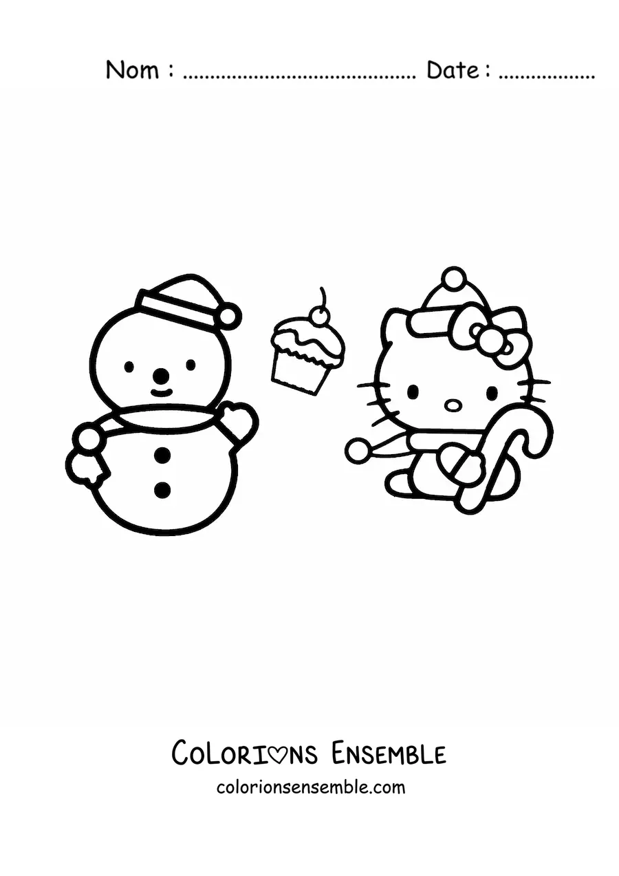 Image à colorier de Hello Kitty habillée pour Noël à côté d’un bonhomme de neige