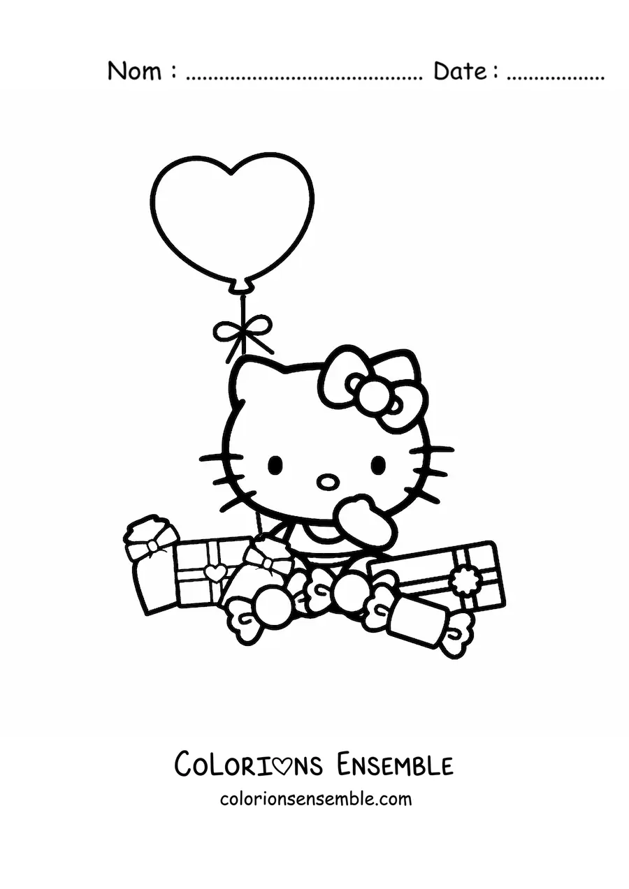 Image à colorier de Hello Kitty assise, entourée de cadeaux et d’un ballon