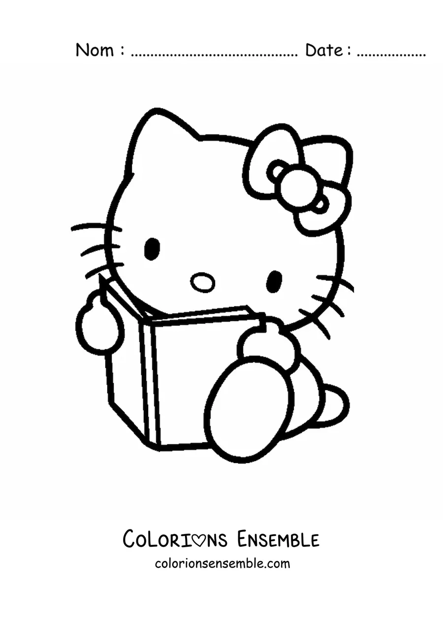 Image à colorier de Hello Kitty assise en train de lire un livre