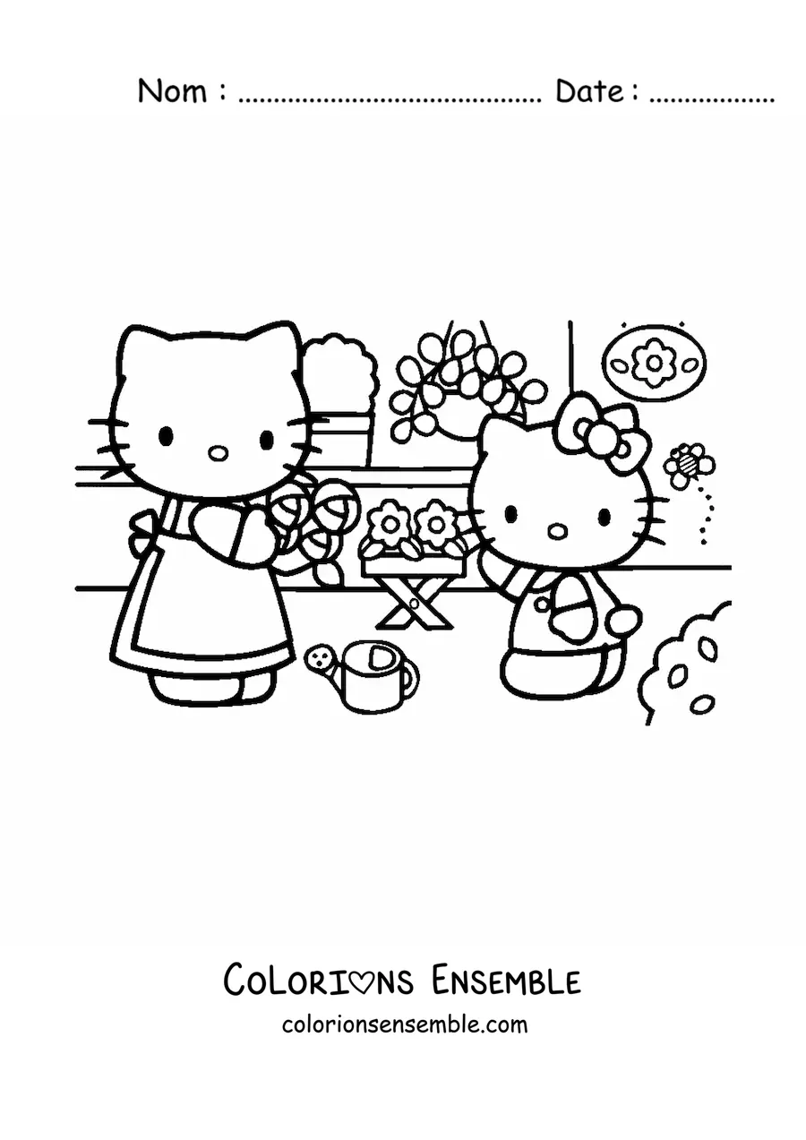 Image à colorier de Hello Kitty arrangeant des fleurs avec sa maman