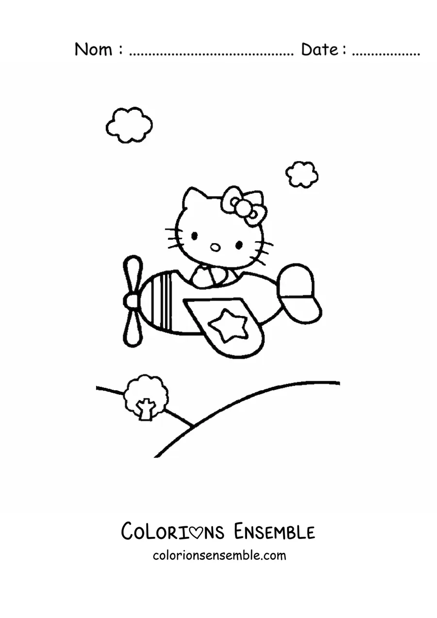 Image à colorier de Hello Kitty pilotant un avion au-dessus d’un paysage de montagnes
