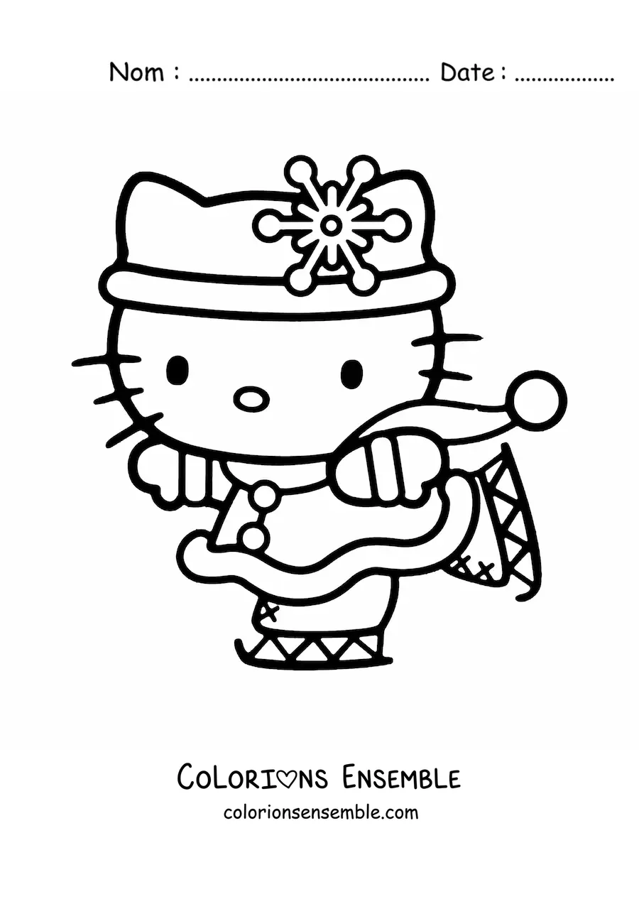 Image à colorier de Hello Kitty patinant sur la glace avec un flocon de neige en décoration