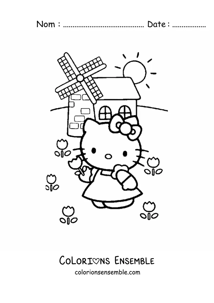 Image à colorier de Hello Kitty dans un jardin à côté d’un moulin