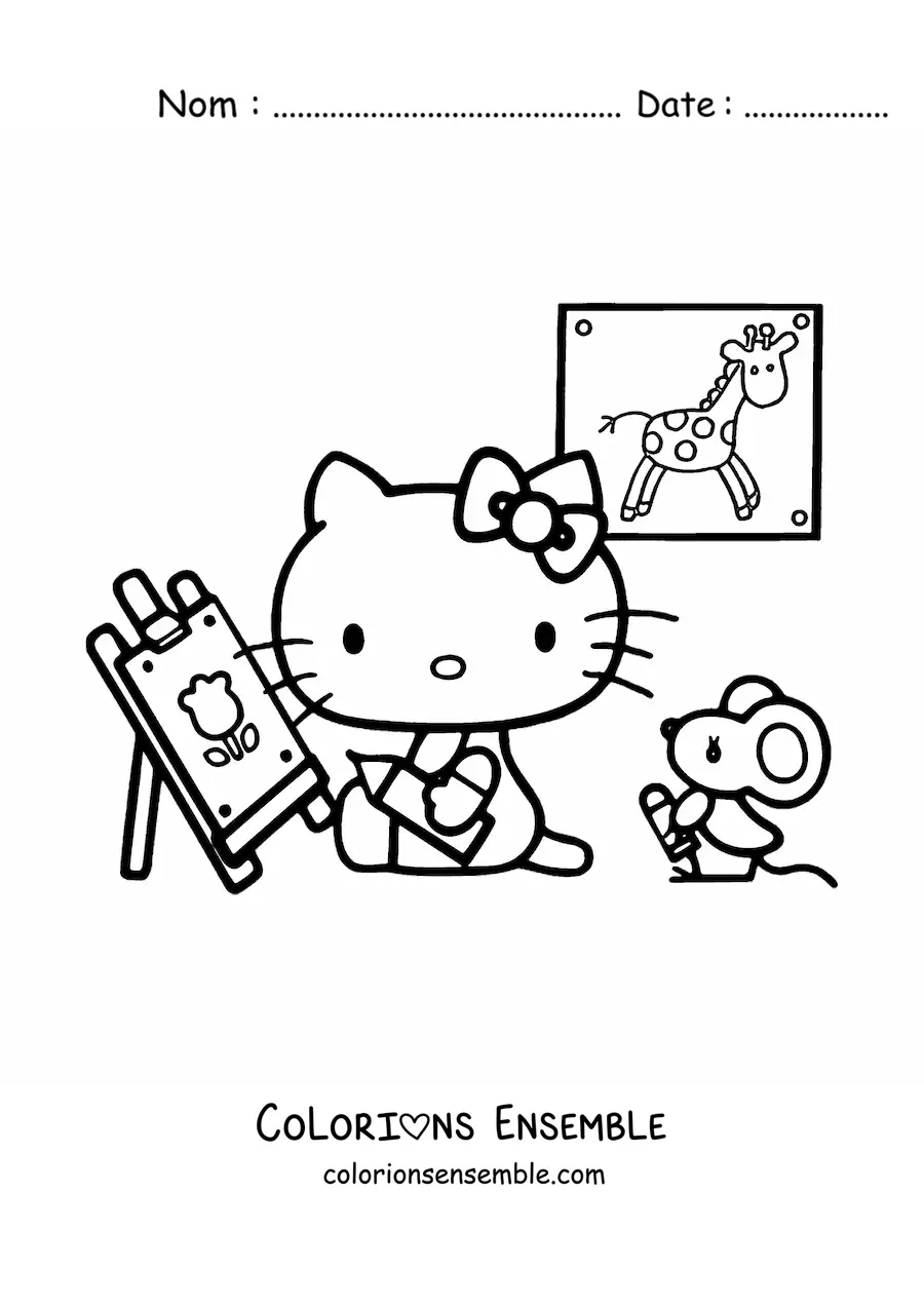 Image à colorier de Hello Kitty peignant sur un chevalet à côté d’une petite souris