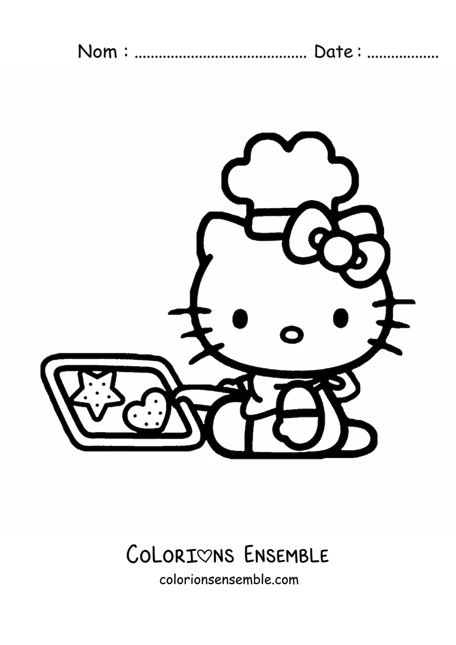 Image à colorier de Hello Kitty avec une toque de chef tenant un plateau de biscuits tout chauds